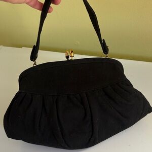 ER Vintage Black Pleated Wool Handbag with Gold Kisslock Clasp